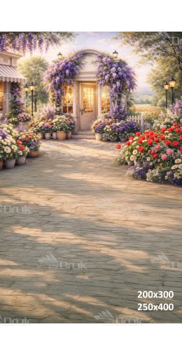 Tło fotograficzne „Romantyczna kwiaciarnia wśród fioletowych glicynii i tulipanów” | E855